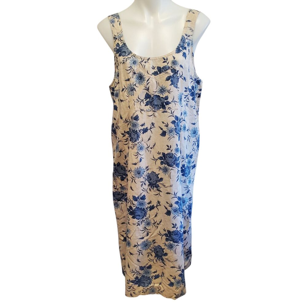 Vintage You and Me Blue Floral Linen Overall Dress Boho Cottagecore Lagenlook M
